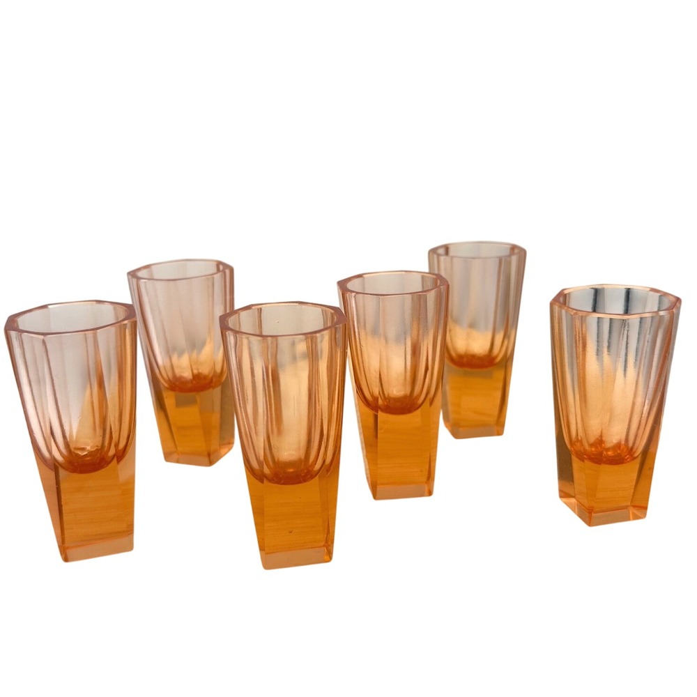 Vtg 30s Czech Bohemian Art Deco Moser Style Salmon Pink Faceted Vodka glasss 6